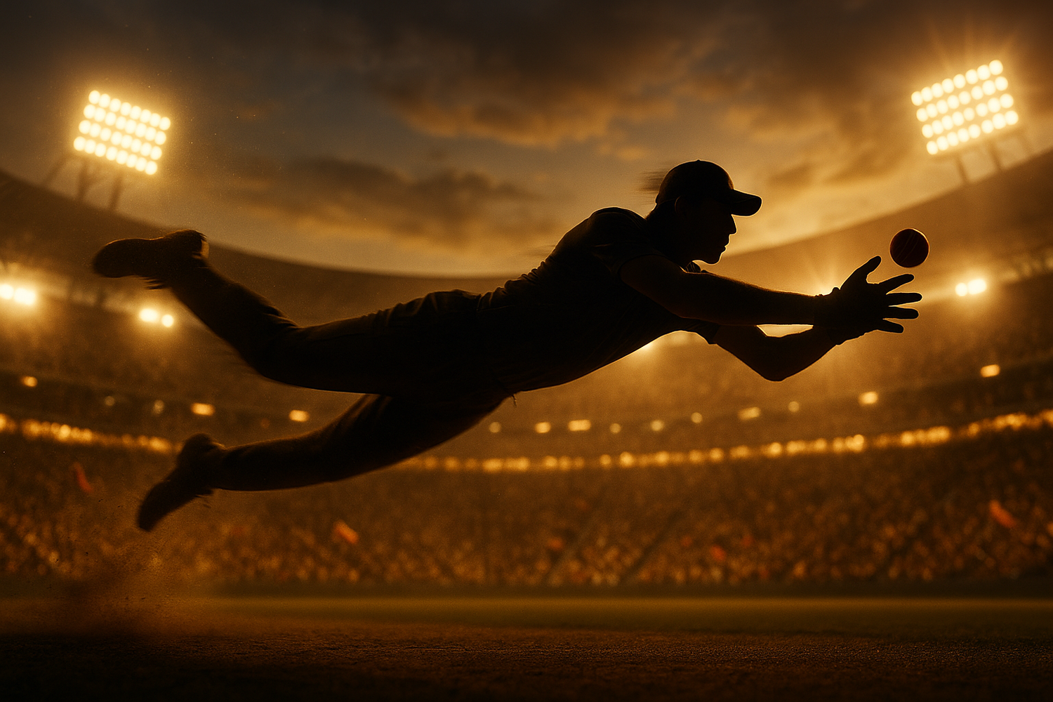 A dramatic silhouette of a cricket player mid-air, diving horizontally to catch a cricket ball, body stretched out in full motion, frozen at the peak of the leap. The background is a grand stadium filled with a roaring crowd, blurred yet glowing with energy, flags waving, and floodlights beaming down. Emphasize motion blur on the player’s limbs, dust particles in the air, and an intense, cinematic atmosphere — ultra-detailed, high contrast, photorealistic, wide angle, golden hour lighting.